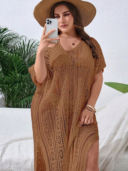 Swim Lushoire Plus Size Women's Summer Beach Beach Vacation Vacation Solid Color Open Knit Split Hem Cover-Up Dress White Boho