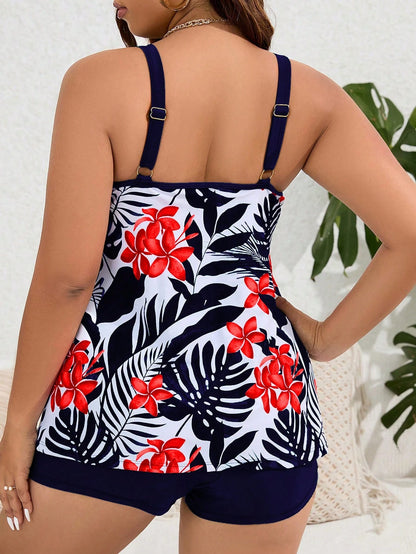 Swim Lushoire Plus Size Women's Summer Beach Floral Printed Tankini Set