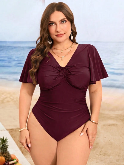 Swim Lushoire Plus Size Women's Summer Solid Color Ruffle Sleeve Bust Drawstring Tummy Control Ruched One-Piece Swimsuit
