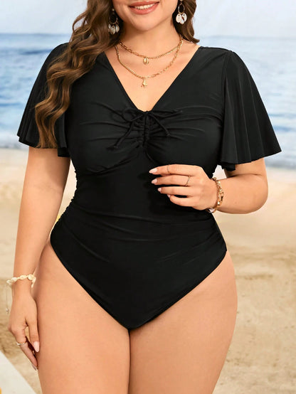 Swim Lushoire Plus Size Women's Summer Solid Color Ruffle Sleeve Bust Drawstring Tummy Control Ruched One-Piece Swimsuit