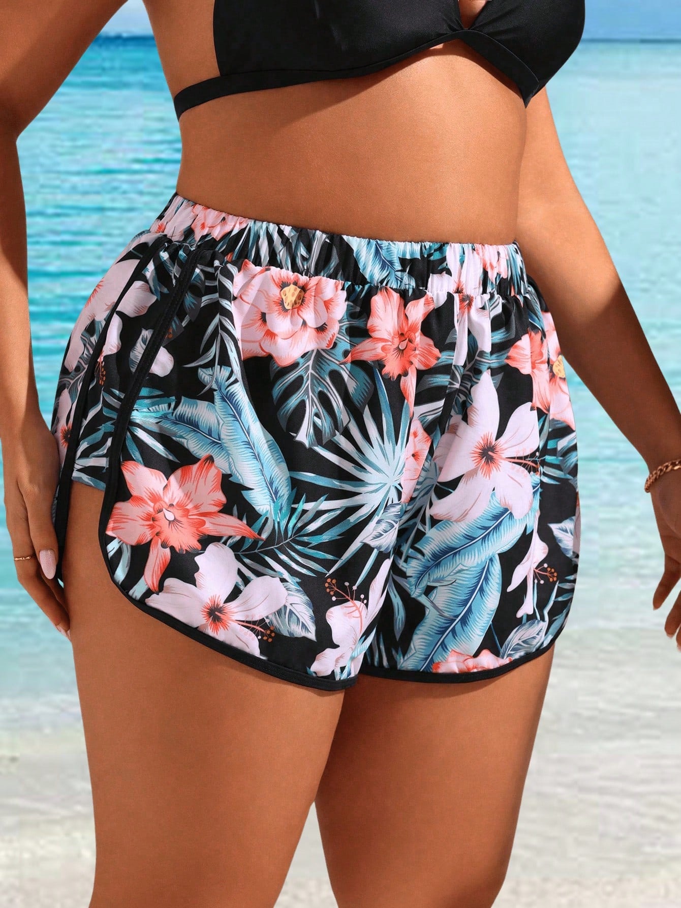Swim Lushoire Plus Size Women's Tropical Plant Printed Casual Beach Shorts For Vacation,Summer Beach
