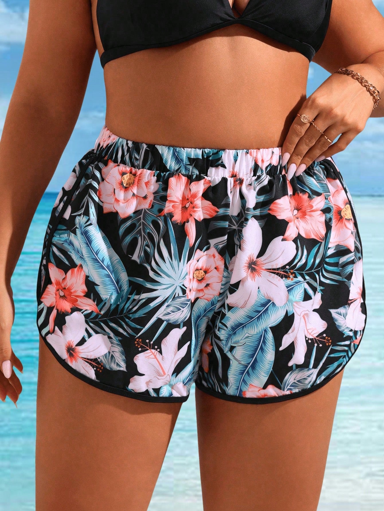 Swim Lushoire Plus Size Women's Tropical Plant Printed Casual Beach Shorts For Vacation,Summer Beach