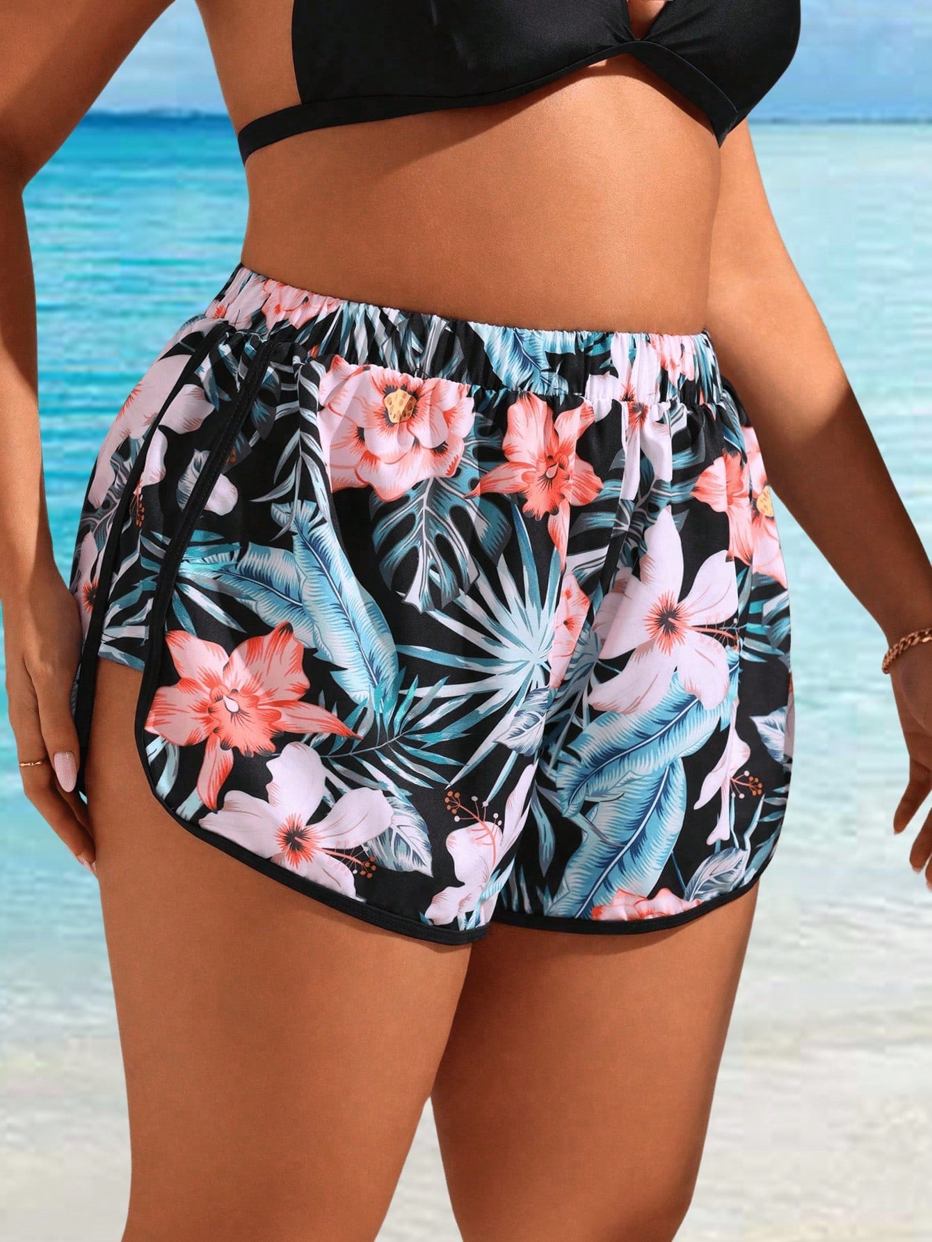 Swim Lushoire Plus Size Women's Tropical Plant Printed Casual Beach Shorts For Vacation,Summer Beach