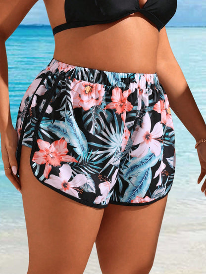 Swim Lushoire Plus Size Women's Tropical Plant Printed Casual Beach Shorts For Vacation,Summer Beach