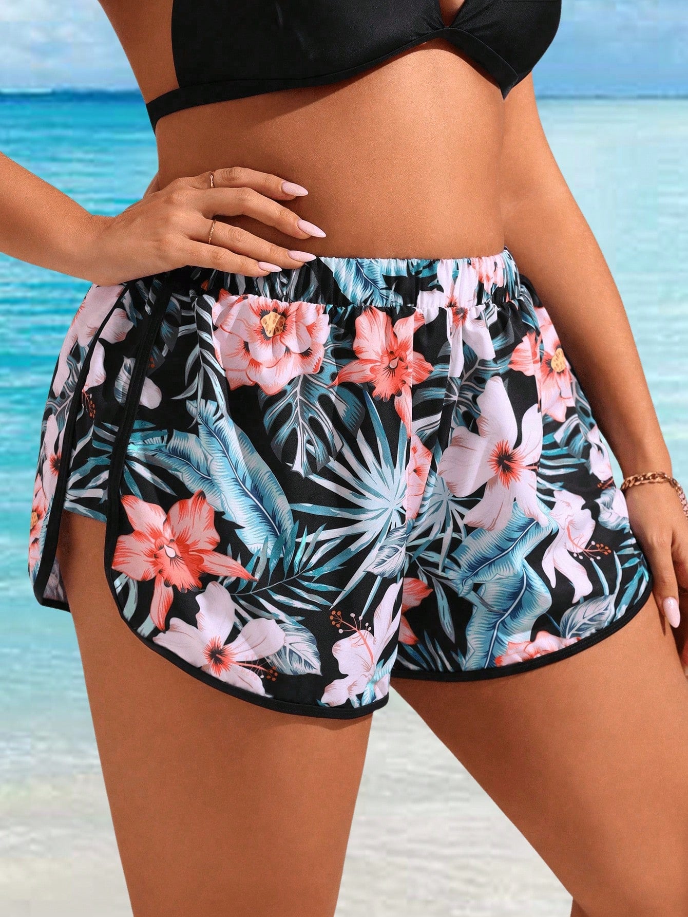 Swim Lushoire Plus Size Women's Tropical Plant Printed Casual Beach Shorts For Vacation,Summer Beach