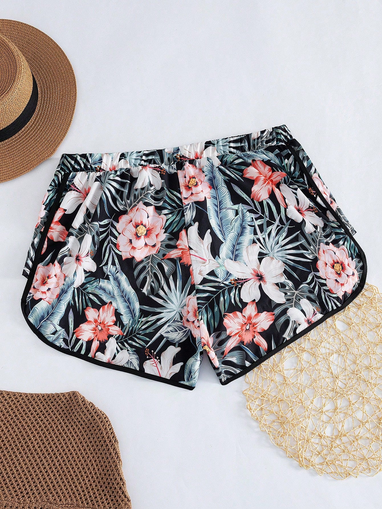 Swim Lushoire Plus Size Women's Tropical Plant Printed Casual Beach Shorts For Vacation,Summer Beach