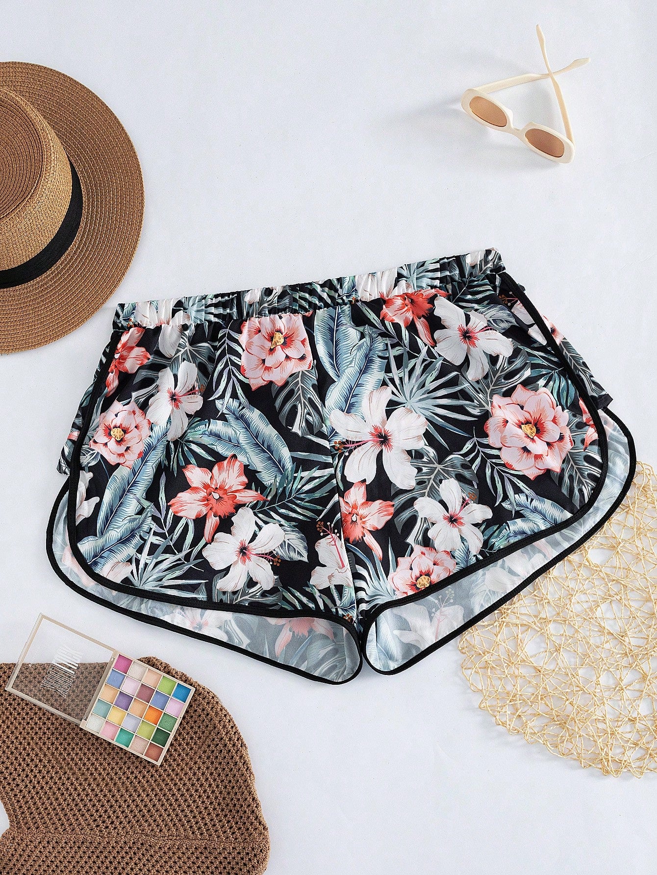 Swim Lushoire Plus Size Women's Tropical Plant Printed Casual Beach Shorts For Vacation,Summer Beach