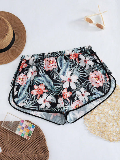 Swim Lushoire Plus Size Women's Tropical Plant Printed Casual Beach Shorts For Vacation,Summer Beach