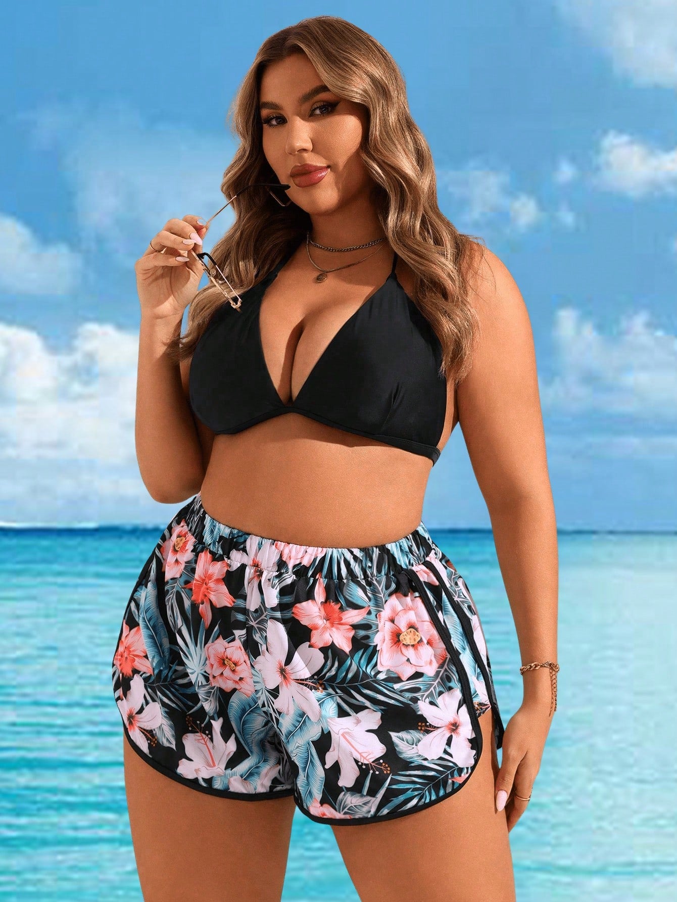 Swim Lushoire Plus Size Women's Tropical Plant Printed Casual Beach Shorts For Vacation,Summer Beach