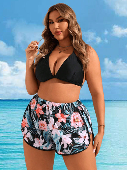 Swim Lushoire Plus Size Women's Tropical Plant Printed Casual Beach Shorts For Vacation,Summer Beach