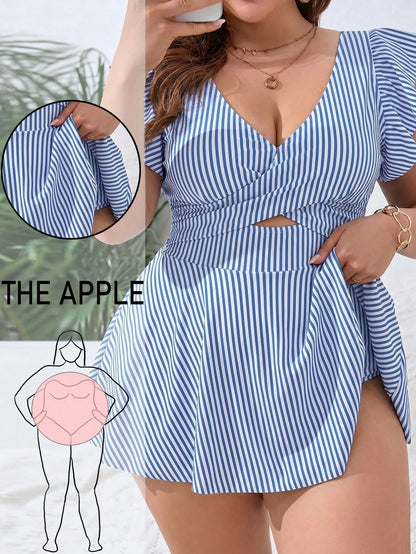 Swim Lushoire Plus Size Women's V-Neck Striped Swim Dress, Suitable For Summer Vacation And Beach