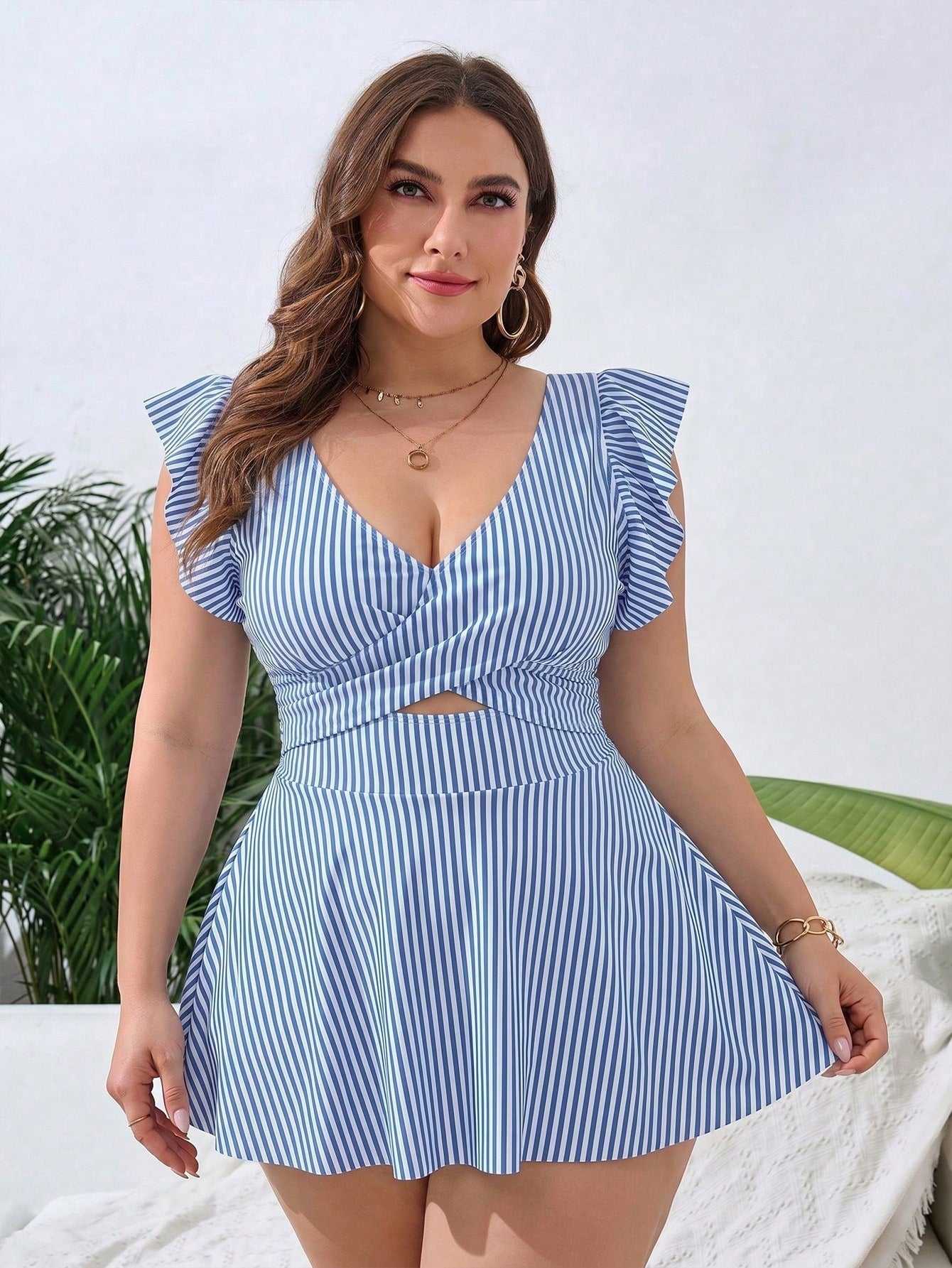 Swim Lushoire Plus Size Women's V-Neck Striped Swim Dress, Suitable For Summer Vacation And Beach