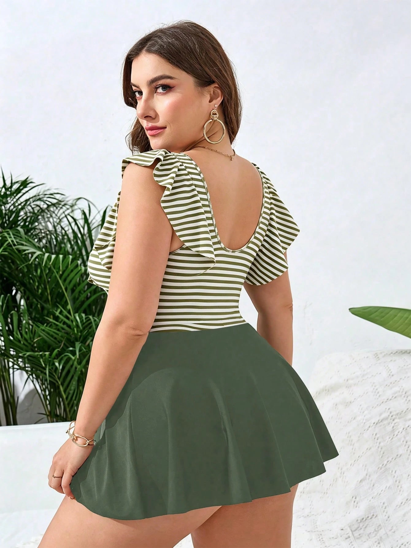 Swim Lushoire Plus Size Women Striped Patchwork Casual Beach Swim Skirt