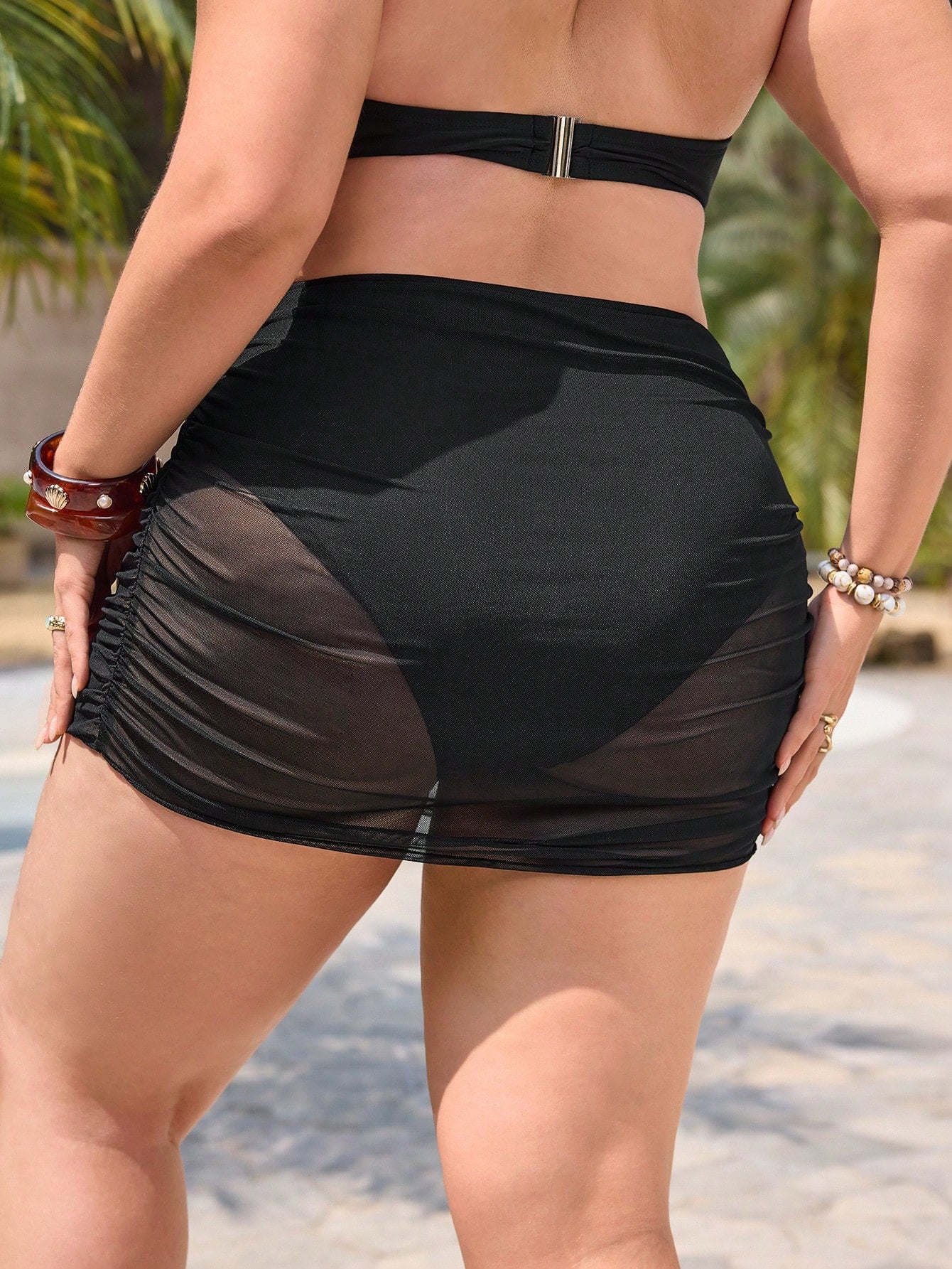 Swim Lushoire Plus Size Women Summer Beach Vacation Solid Color Ruched Fitted Sheer Mesh Swimwear Bottom