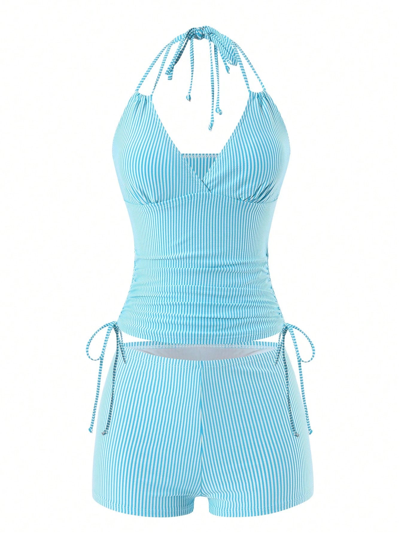 Swim Lushoire Spring/Summer Women's New Striped Spaghetti Strap Tie Beach Casual Vacation Tank Top Bikini Swimsuit 2-Piece Set