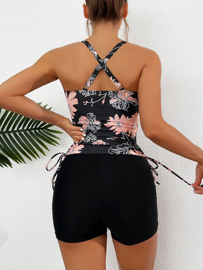 Swim Lushoire Summer Beach Floral Print Drawstring Side Tankini