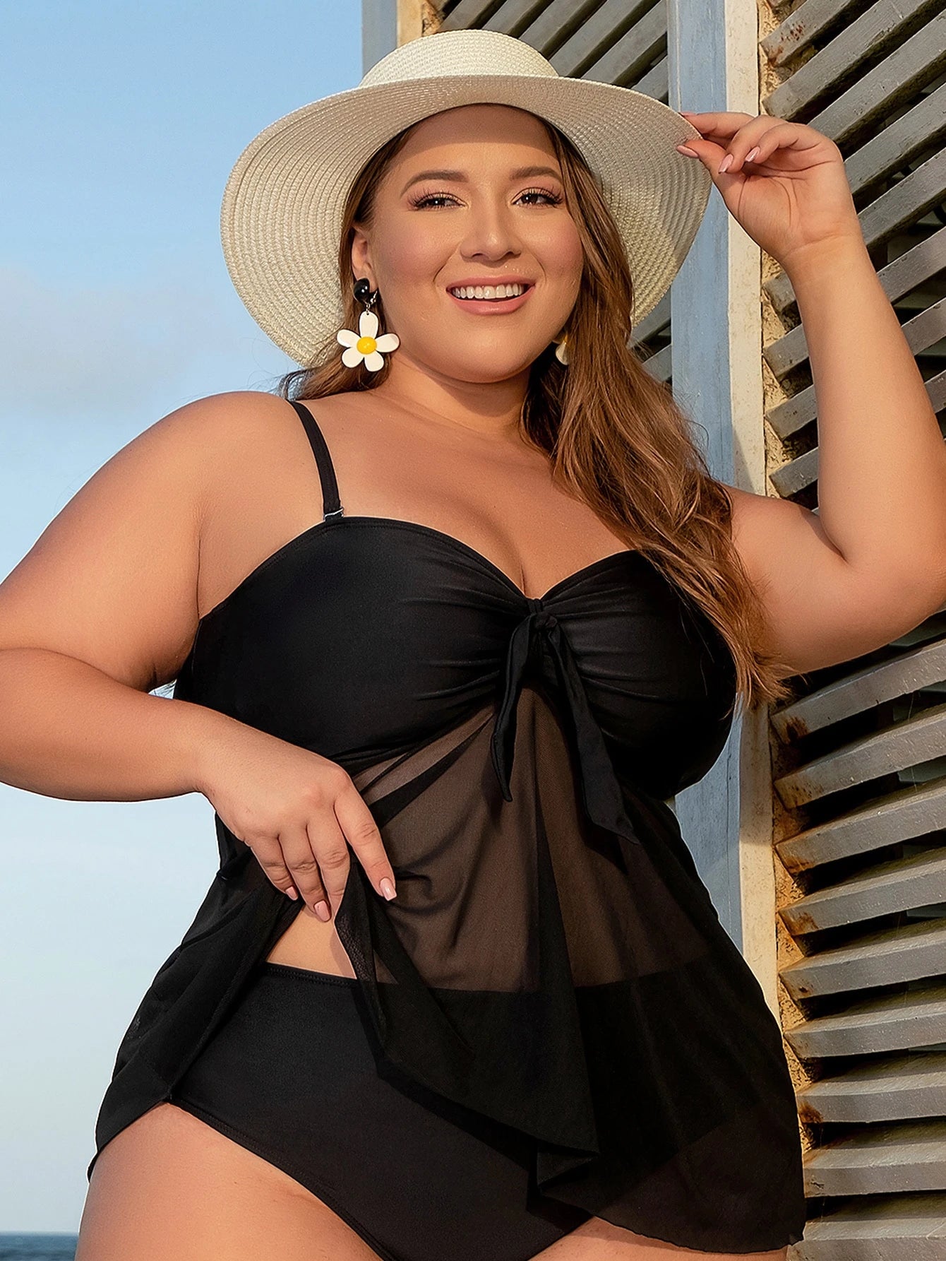 Swim Lushoire Summer Beach Plus Knot Front Mesh Overlay Tankini Top