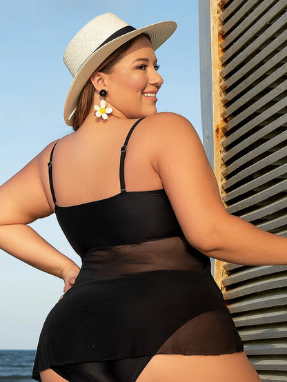Swim Lushoire Summer Beach Plus Knot Front Mesh Overlay Tankini Top