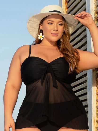 Swim Lushoire Summer Beach Plus Knot Front Mesh Overlay Tankini Top