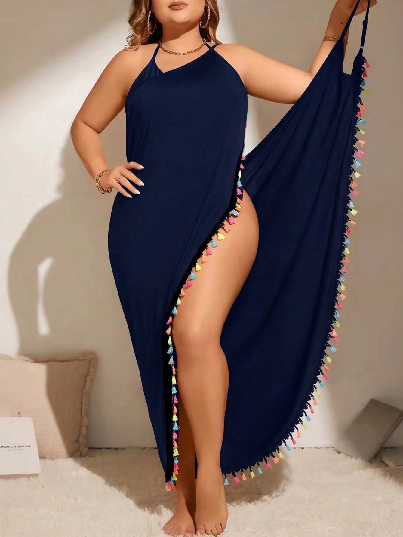 Swim Lushoire Summer Beach Plus Size One-Piece Fringed Wraparound Halter Neck Sleeveless Cover-Up Dress With Open Back Design