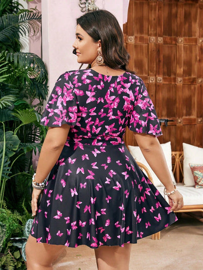 Swim Lushoire Summer Beach Plus Size Women's Butterfly Printed Short Sleeve Mature Style Swimwear Carnival