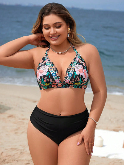 Swim Lushoire Summer Beach Women's Plus Size Halter Neck Floral Printed Bikini Set With Tie Side Bottom