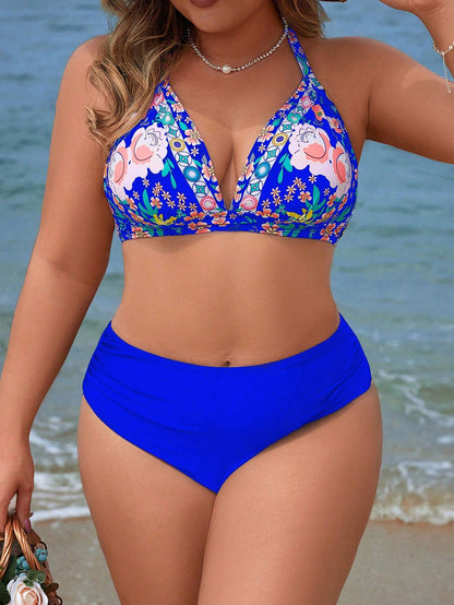 Swim Lushoire Summer Beach Women's Plus Size Halter Neck Floral Printed Bikini Set With Tie Side Bottom
