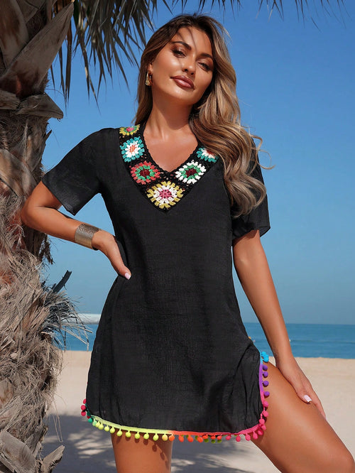 Swim Lushoire Summer European And American Style Women Holiday Casual Woven Sexy Colorful Handmade Crochet Hollow Out Patchwork V-Neck Beach Cover Up Tassel Dress