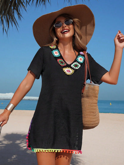 Swim Lushoire Summer European And American Style Women Holiday Casual Woven Sexy Colorful Handmade Crochet Hollow Out Patchwork V-Neck Beach Cover Up Tassel Dress