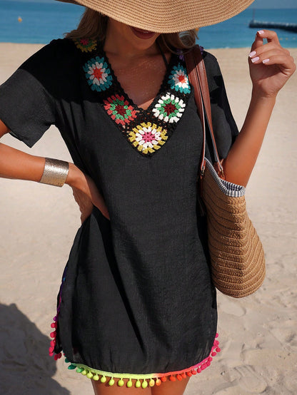 Swim Lushoire Summer European And American Style Women Holiday Casual Woven Sexy Colorful Handmade Crochet Hollow Out Patchwork V-Neck Beach Cover Up Tassel Dress