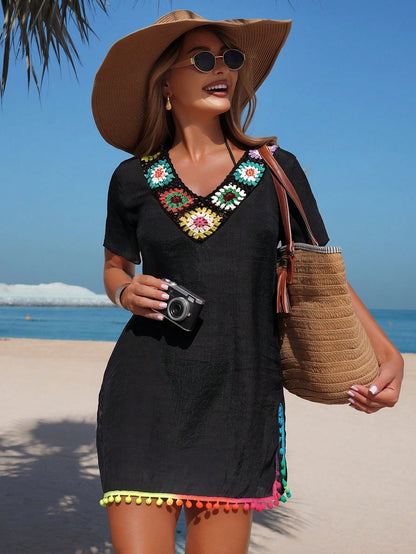 Swim Lushoire Summer European And American Style Women Holiday Casual Woven Sexy Colorful Handmade Crochet Hollow Out Patchwork V-Neck Beach Cover Up Tassel Dress