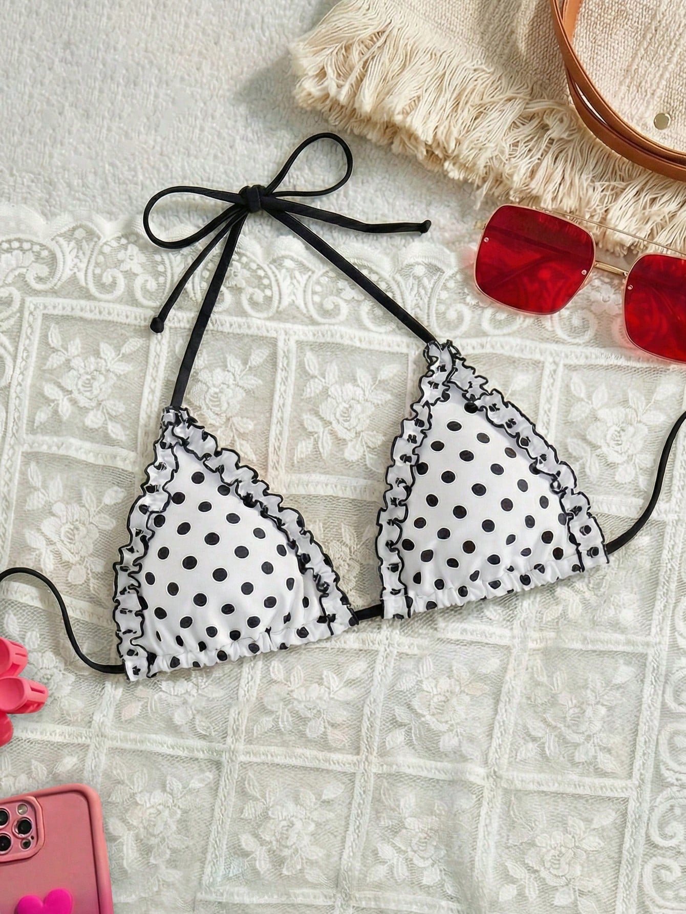 Swim Mod 2026 New Cute Polka Dot Plus Size Swimwear Top, Summer Beach Single Ruffle Bust Swimwear For Women, European And American Cross-Border