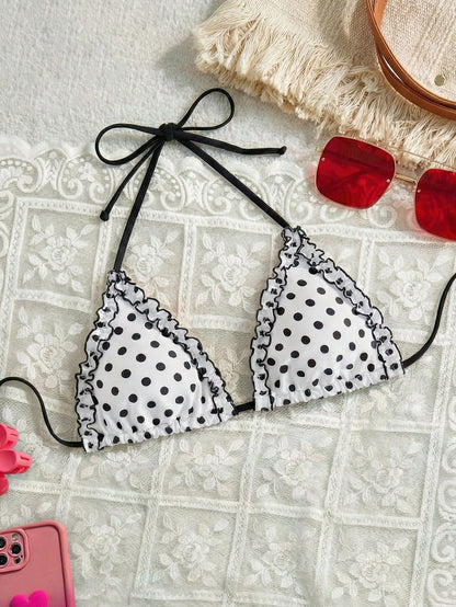 Swim Mod 2026 New Cute Polka Dot Plus Size Swimwear Top, Summer Beach Single Ruffle Bust Swimwear For Women, European And American Cross-Border