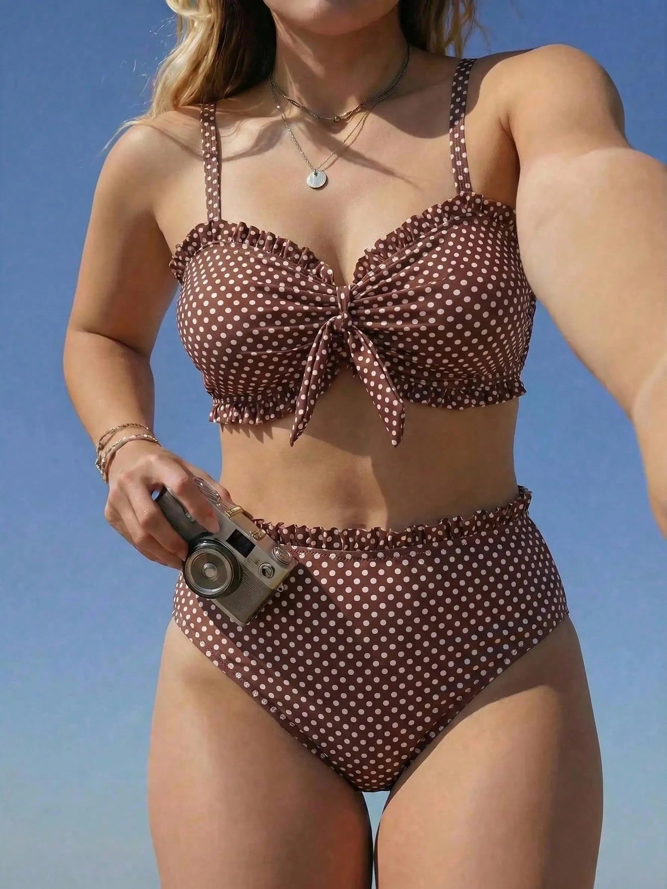 Swim Mod 2026 New Plus Size Women 2-Piece Vintage 1920s Polka Dot Print Bandeau Lace Trim Separates Swimsuit Set, Beach Vacation, Summer Holiday Outfit