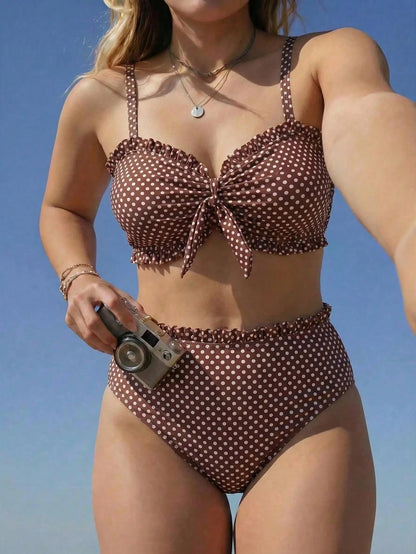 Swim Mod 2026 New Plus Size Women 2-Piece Vintage 1920s Polka Dot Print Bandeau Lace Trim Separates Swimsuit Set, Beach Vacation, Summer Holiday Outfit