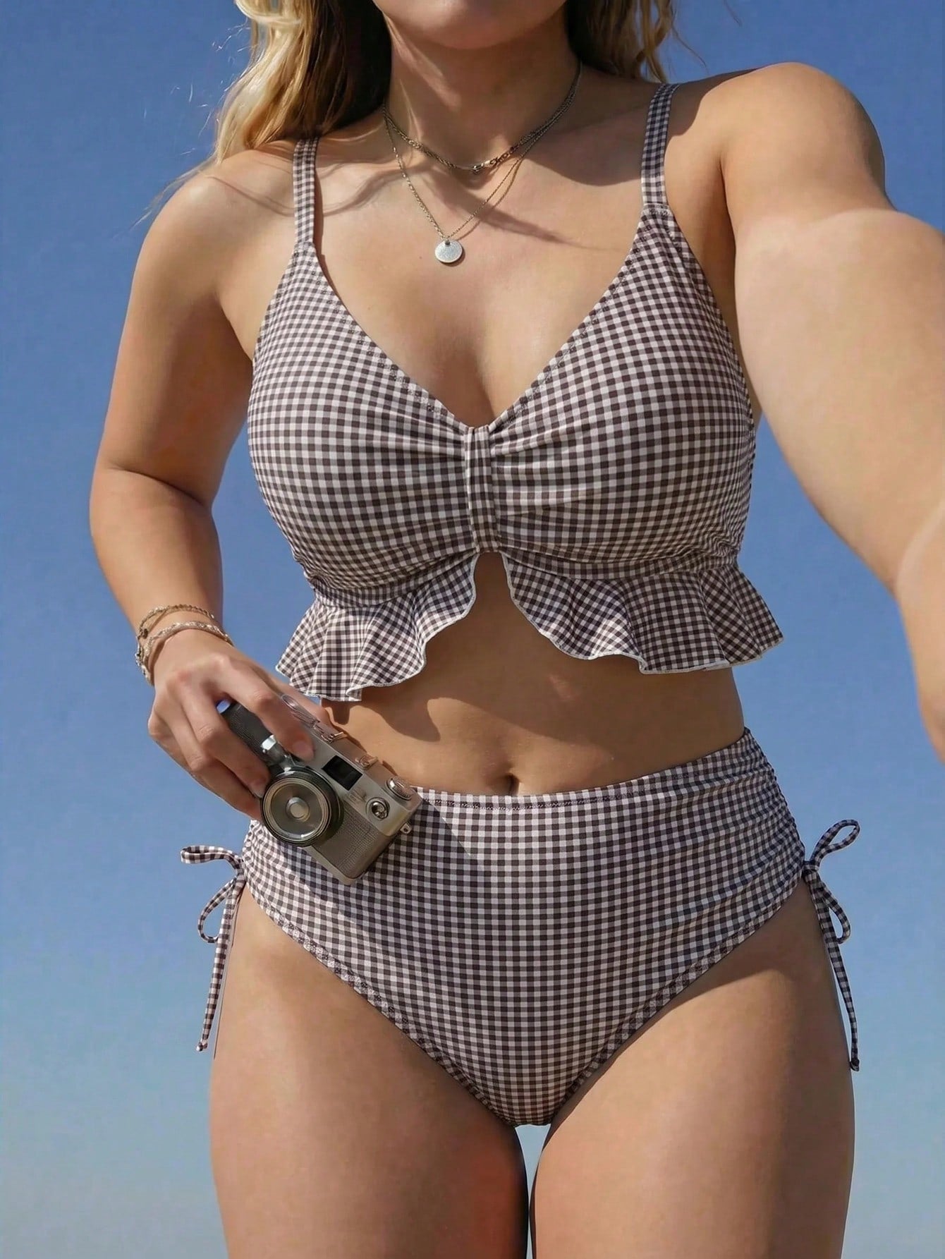 Swim Mod 2026 New Spring/Summer Plus Size 2-Piece Brown & White Plaid Random Print V-Neck Ruffle Hem Adjustable Strap Top With Side Tie High Waist Triangle Bottom Bikini Set Set For Women