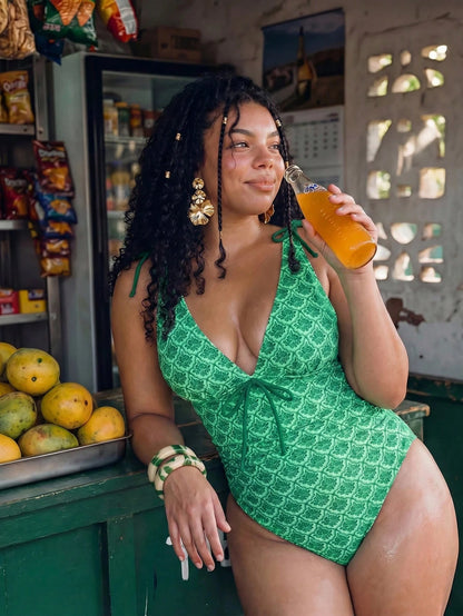 Swim Mod 2026 New Summer Beach Vacation Minimalist Casual Multi-Color Boho Pattern Green Plus Size One-Piece Swimsuit
