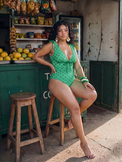 Swim Mod 2026 New Summer Beach Vacation Minimalist Casual Multi-Color Boho Pattern Green Plus Size One-Piece Swimsuit