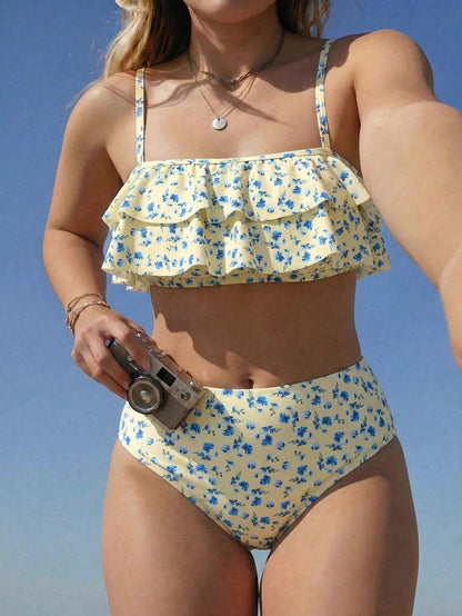 Swim Mod 2026 New Women's Ditsy Floral Camisole Swimsuit Set, Sweet And Cute Ditsy Floral Pattern Plus Size Swimsuit Set