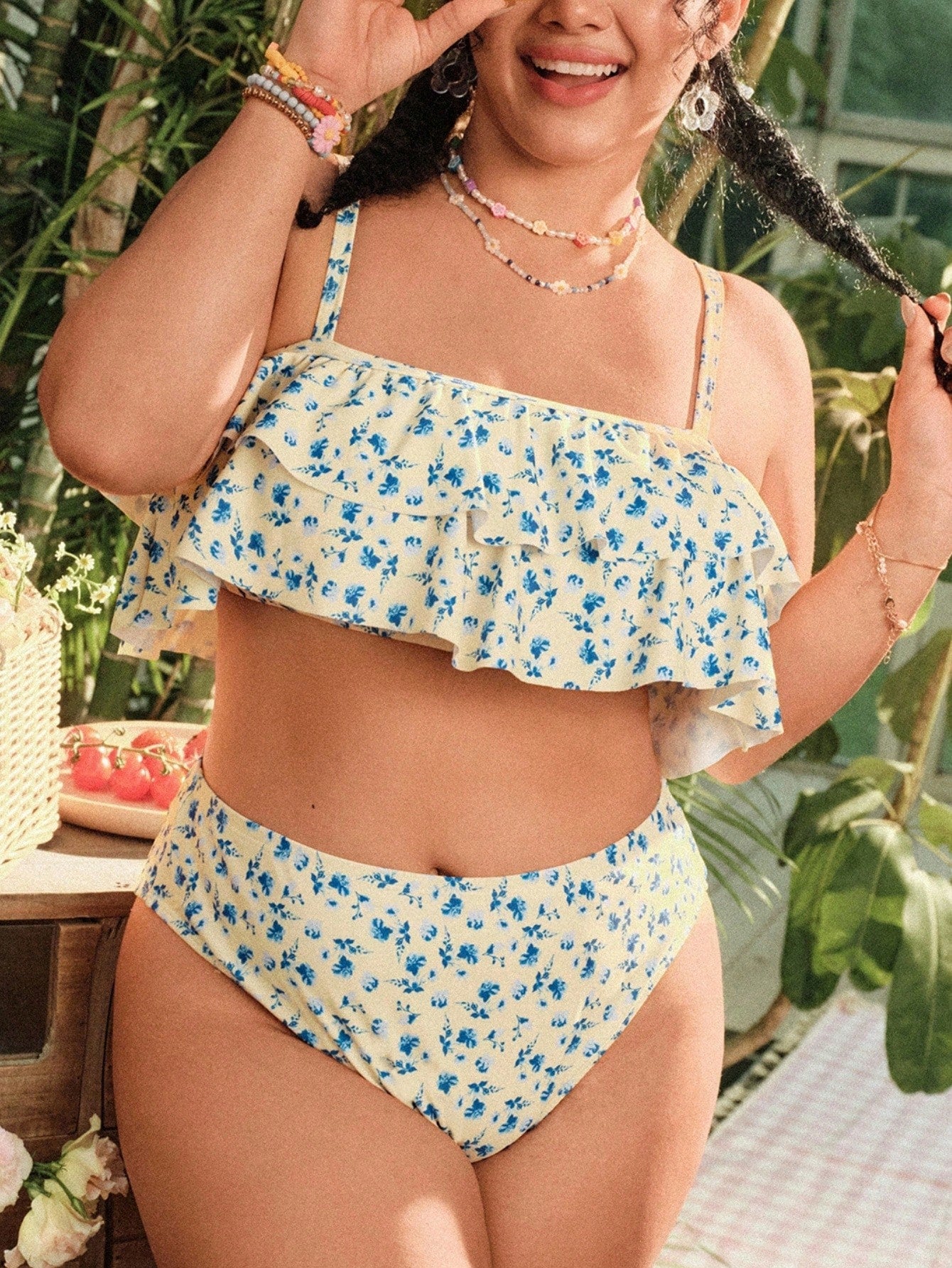 Swim Mod 2026 New Women's Ditsy Floral Camisole Swimsuit Set, Sweet And Cute Ditsy Floral Pattern Plus Size Swimsuit Set