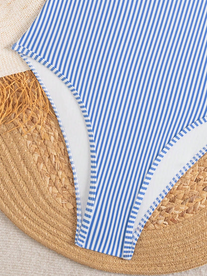 Swim Mod 2026 New Women's Summer Beach Vacation Blue & White Pattern Print Spaghetti Strap Hollow Back Sexy High Cut One-Piece Swimsuit