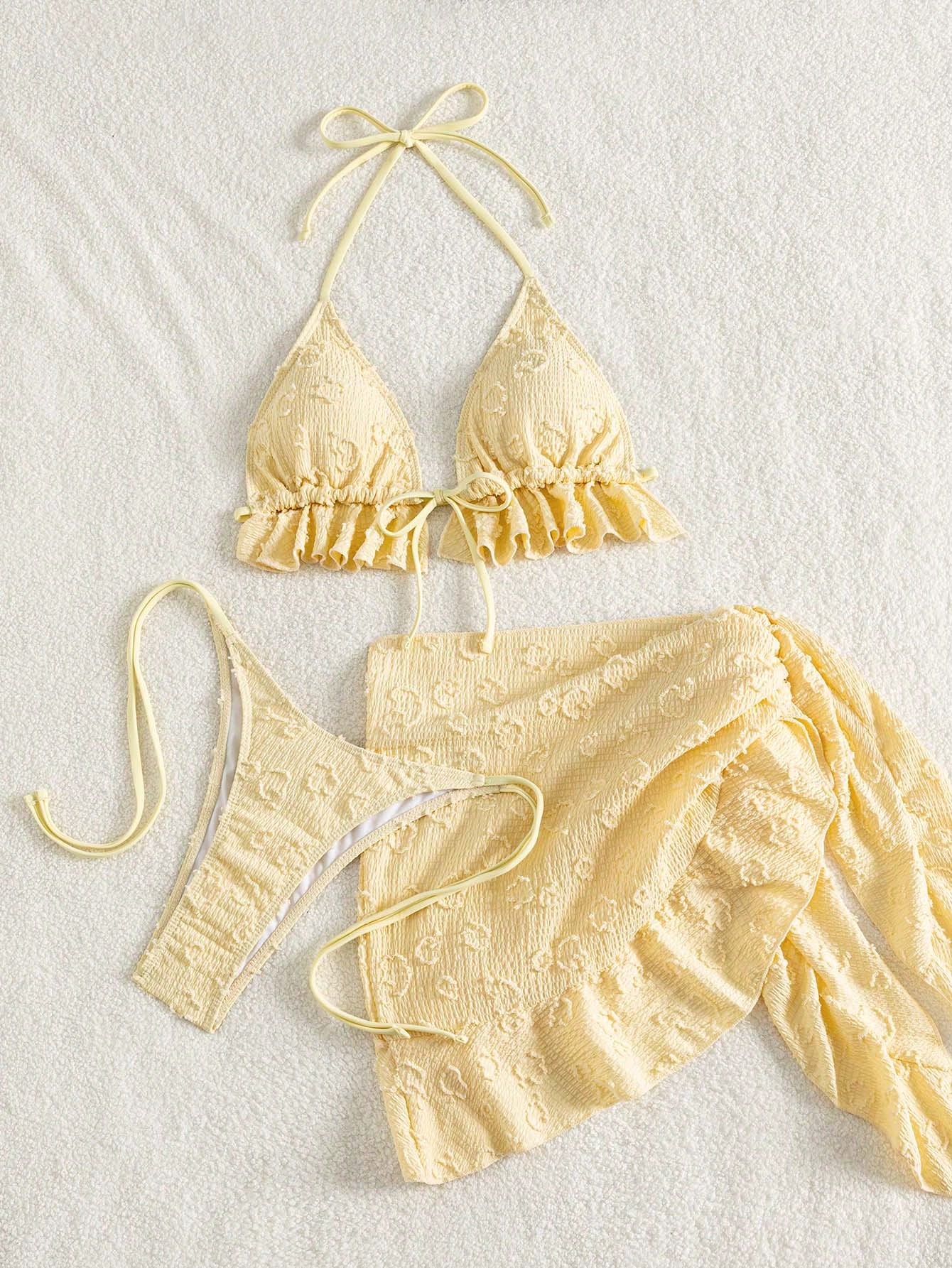 Swim Mod 3-Piece Textured Halter Bikini Set With Ruffle Cover Up Skirt