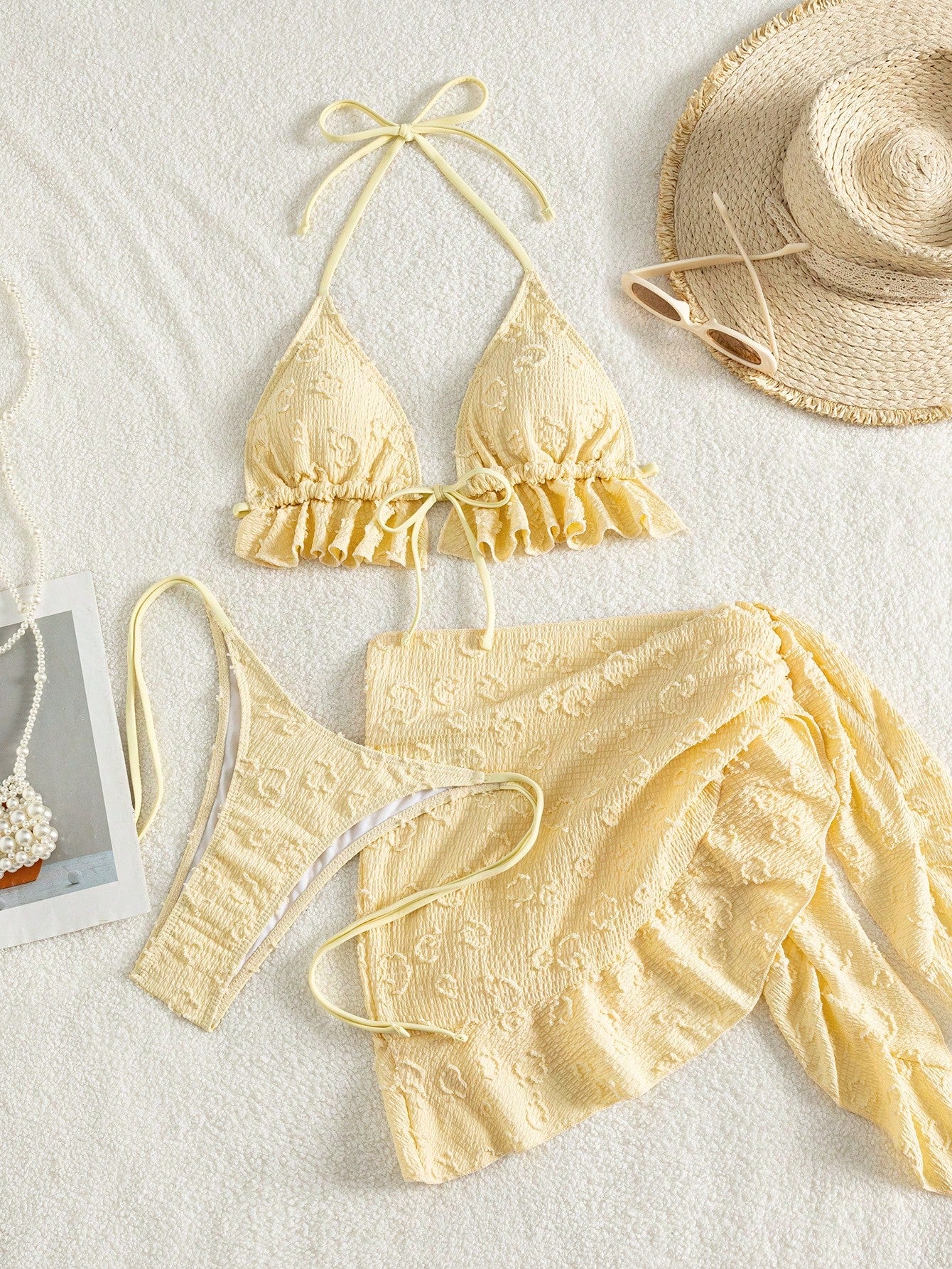 Swim Mod 3-Piece Textured Halter Bikini Set With Ruffle Cover Up Skirt