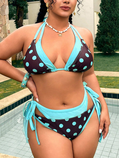 Swim Mod Plus Size Contrast Color Polka Dot Print Halter Knotted Split Bikini Swimwear, 2pcs Set, Essential For Summer Holiday Beach Travel