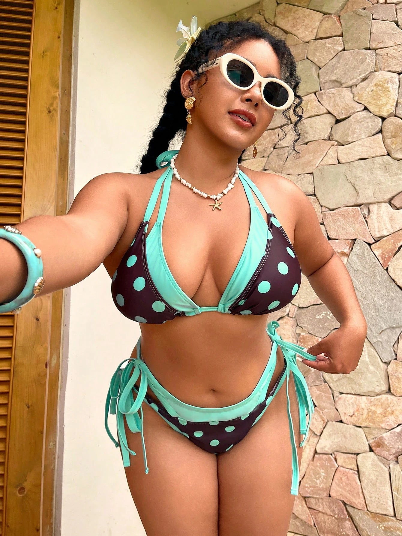 Swim Mod Plus Size Contrast Color Polka Dot Print Halter Knotted Split Bikini Swimwear, 2pcs Set, Essential For Summer Holiday Beach Travel