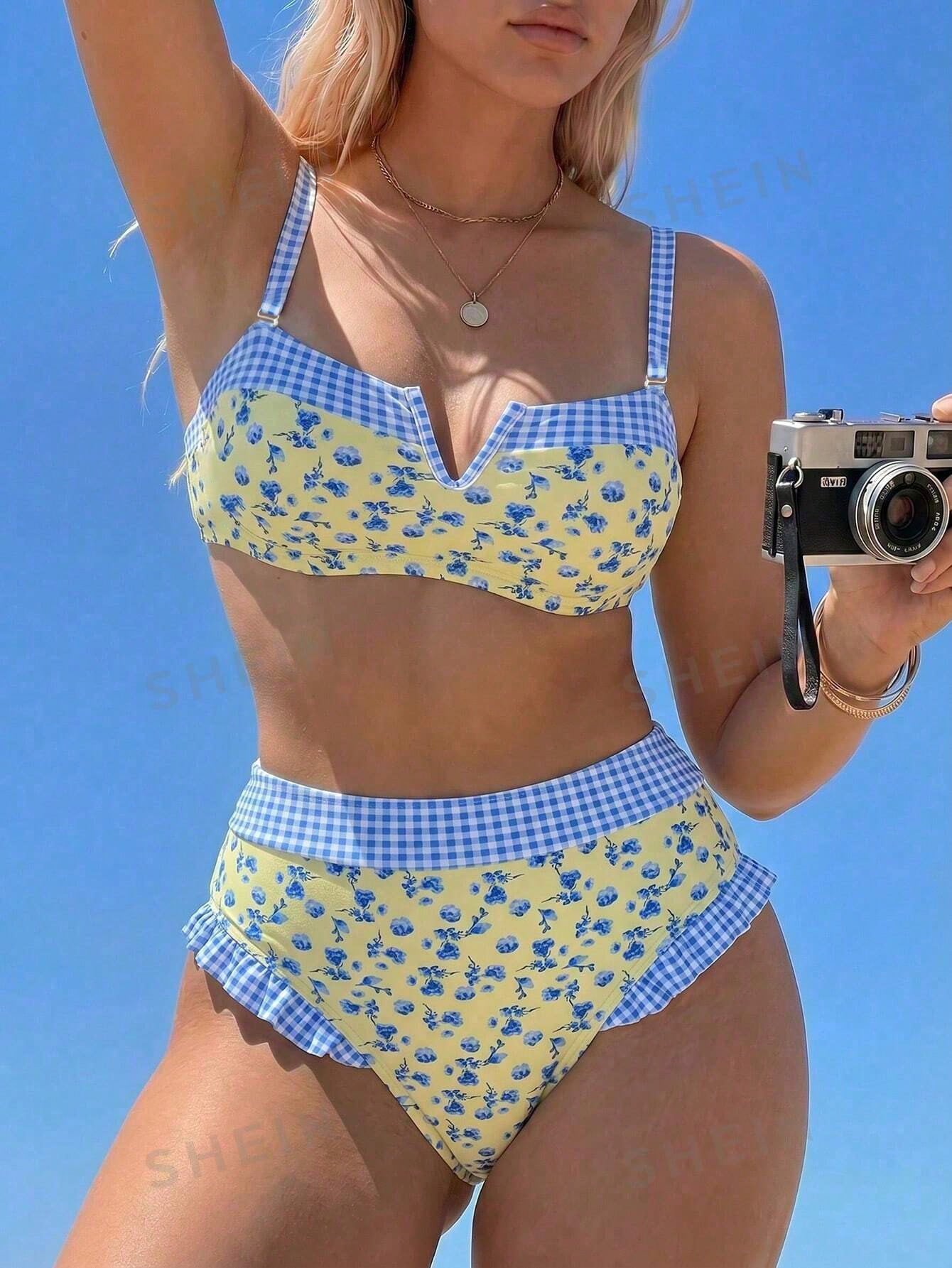 Swim Mod Plus Size Floral Plaid Patchwork V-Neck High Waist Ruffle Trim Bikini Set
