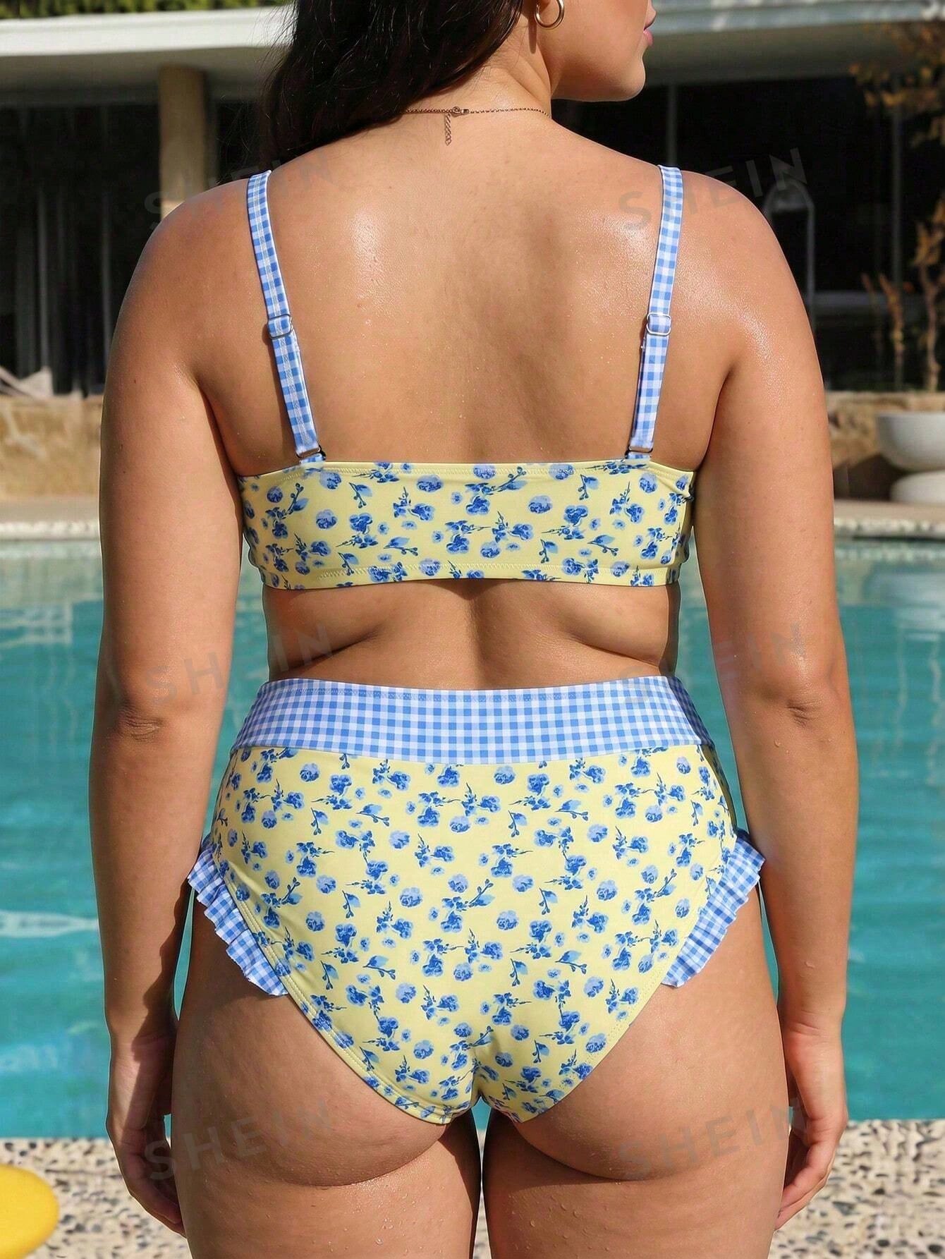 Swim Mod Plus Size Floral Plaid Patchwork V-Neck High Waist Ruffle Trim Bikini Set
