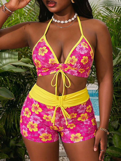 Swim Mod Plus Size Floral Print Lace-Up Drawstring Design Swimsuit And Bikini Bottom Set