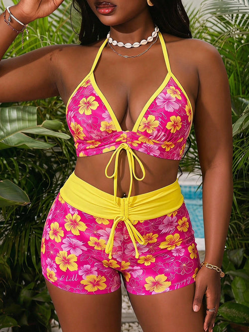 Swim Mod Plus Size Floral Print Lace-Up Drawstring Design Swimsuit And Bikini Bottom Set