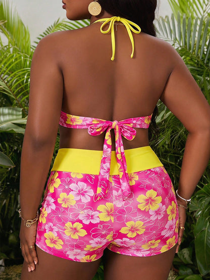 Swim Mod Plus Size Floral Print Lace-Up Drawstring Design Swimsuit And Bikini Bottom Set